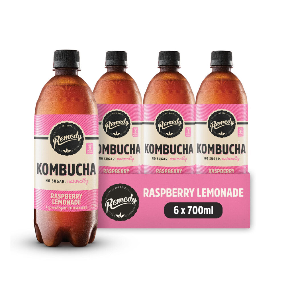 Remedy Kombucha Tea - Raspberry Lemonade - Sparkling Live Cultured Drink - Naturally Sugar Free Soft Drink - Probiotic Drink for Gut Health - 6 x