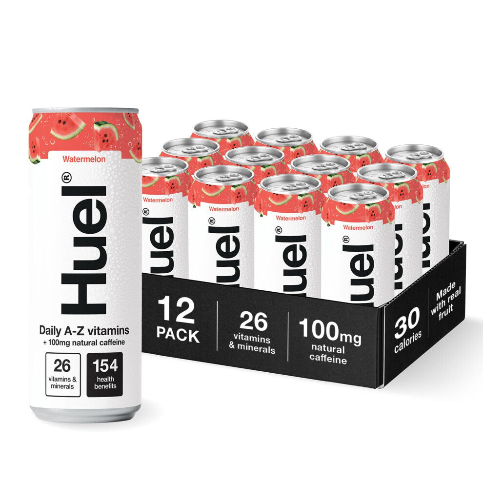 Huel Daily A-Z Vitamins Energy Drink, 12 x 330ml Cans, Watermelon Sparkling Multivitamin Energy Drink, Fizzy Drinks Made with Real Fruit, Rich in