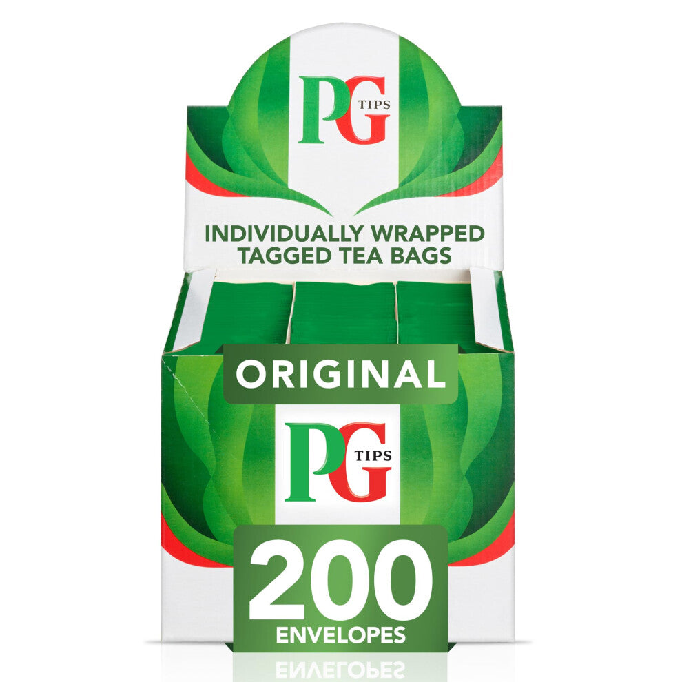 PG Tips Original, Black Tea Bags Bulk, Individually Wrapped String & Tag Teabags, Signature Taste, Refreshing & Flavourful, 200 Plant Based