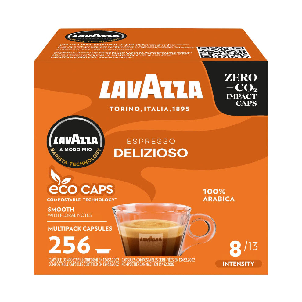 Lavazza, A Modo Mio Espresso Delizioso, Coffee Capsules, 100% Arabica, Sweet Taste, Intensity 8-13, Medium Roasting, Compostable, 16 Packs of 16