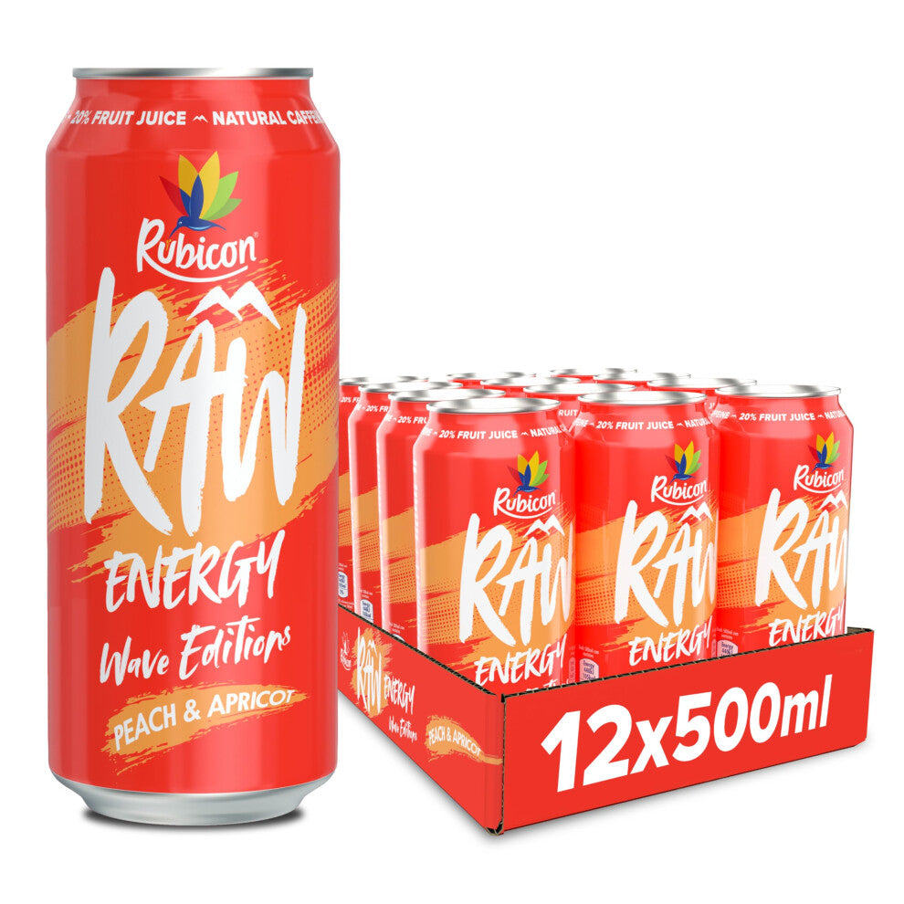 Rubicon RAW 12 Pack Peach & Apricot Wave Edition Energy Drink, 20% Real Fruit Juice, High caffeine with B-Vitamins, Ginseng & Guarana, No Artificial
