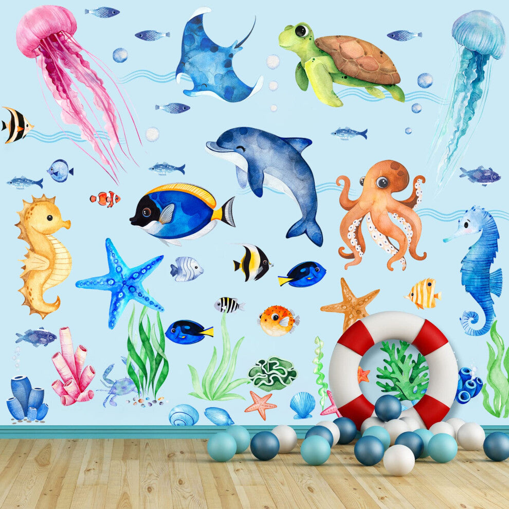 7 Sheets Ocean Fish Wall Stickers, Under The Sea Wall Sticker Removable Sea Life Marine Animal Stickers Watercolor Ocean Creatures Wall Decals for