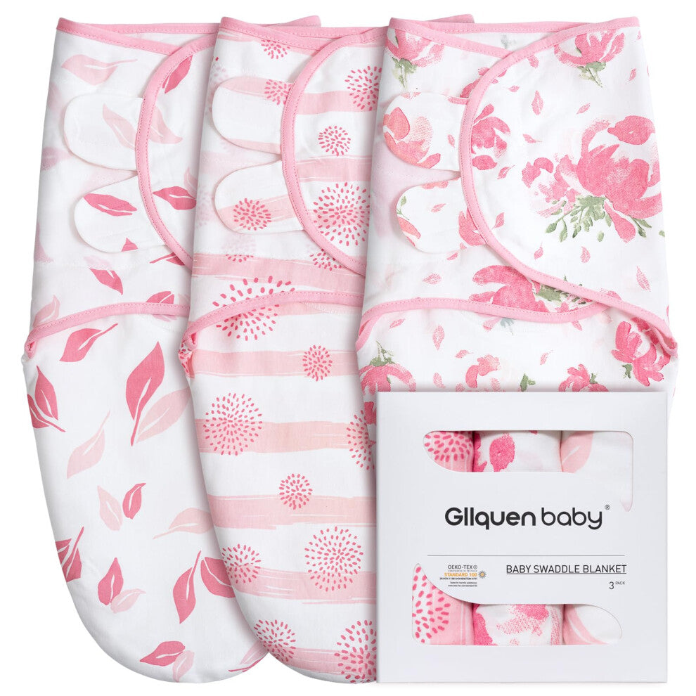 GLLQUEN BABY Baby Swaddle Wraps for 0-3 Months Newborn, Oeko-tex100,100% Breathable Organic Cotton Fabric Swadding Blankets,3 Pack (Flower)