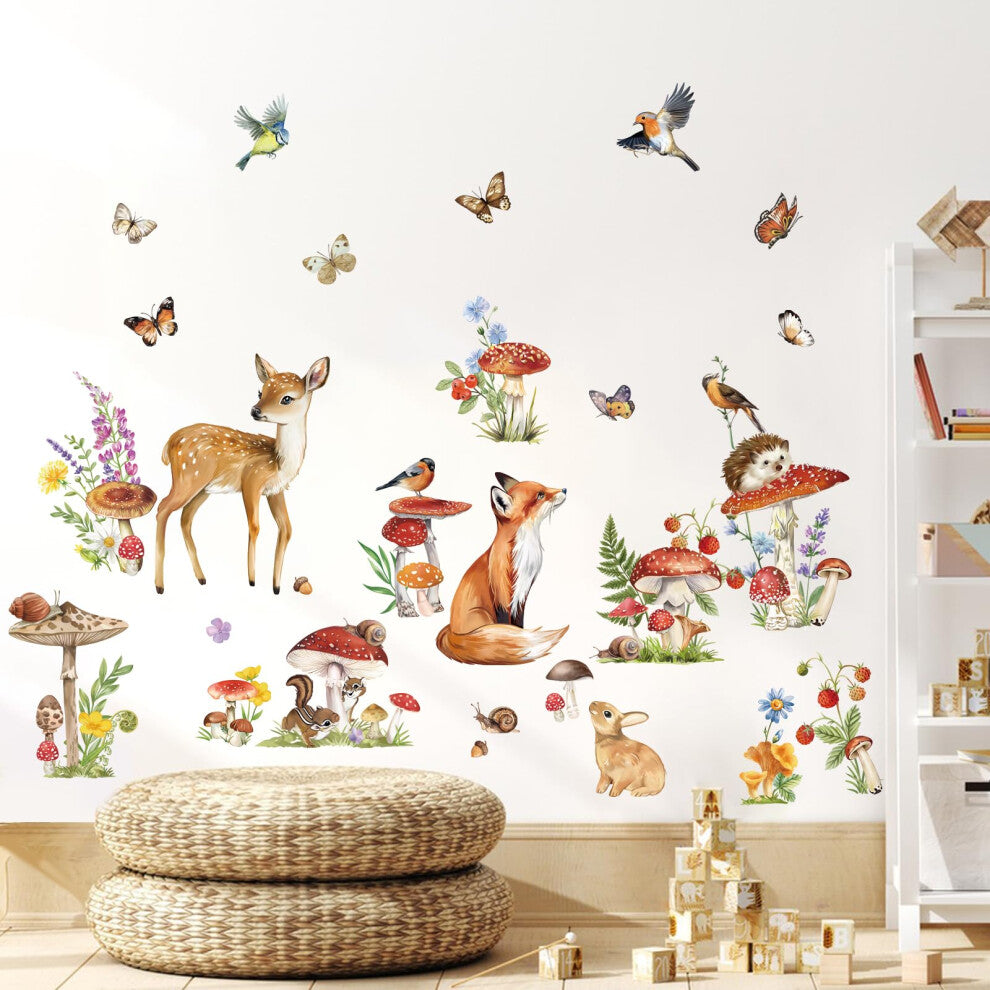 wondever Woodland Animal Wall Stickers Mushroom Deer Fox Peel and Stick Wall Decals for Kids Bedroom Baby Nursery