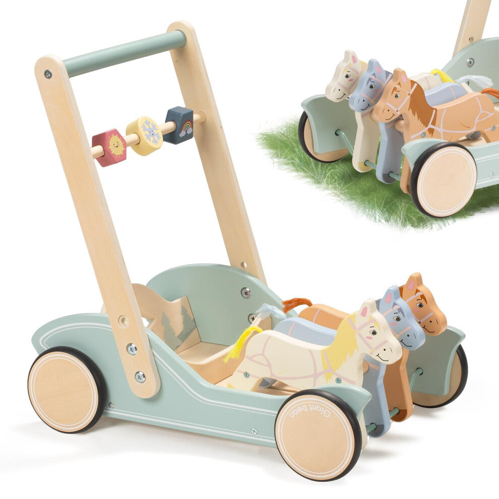 Giant bean Wooden Baby Walker for Boys and Girls, Galloping Ponies Push and Pull Learning Activity Walker, Baby Push Walker Toys Develops Motor Skills