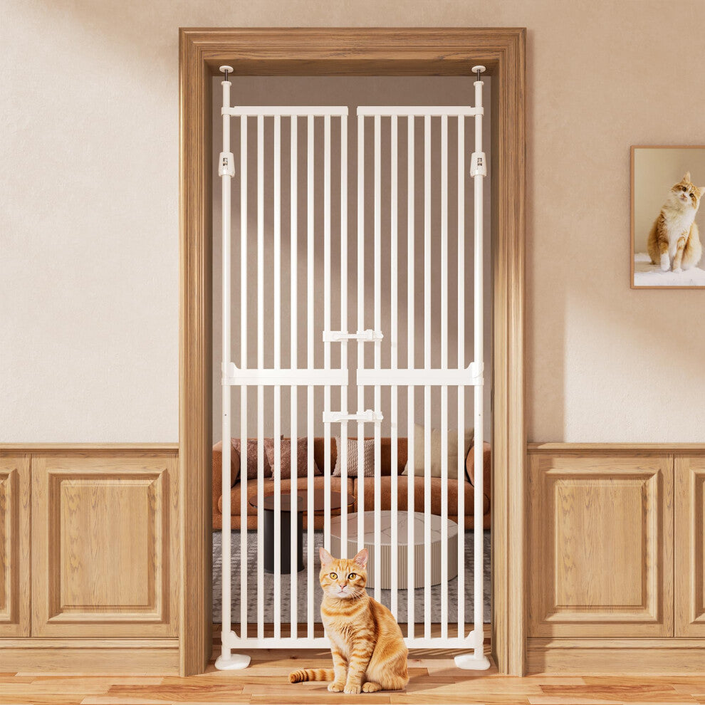 71" High Extra Tall Cat Gate, 33.85-35.43" Wide Cat Safety Gate, 1.34" Extra Narrow Gap, Auto Close, No Drilling, Double Pet Door for Doorways,