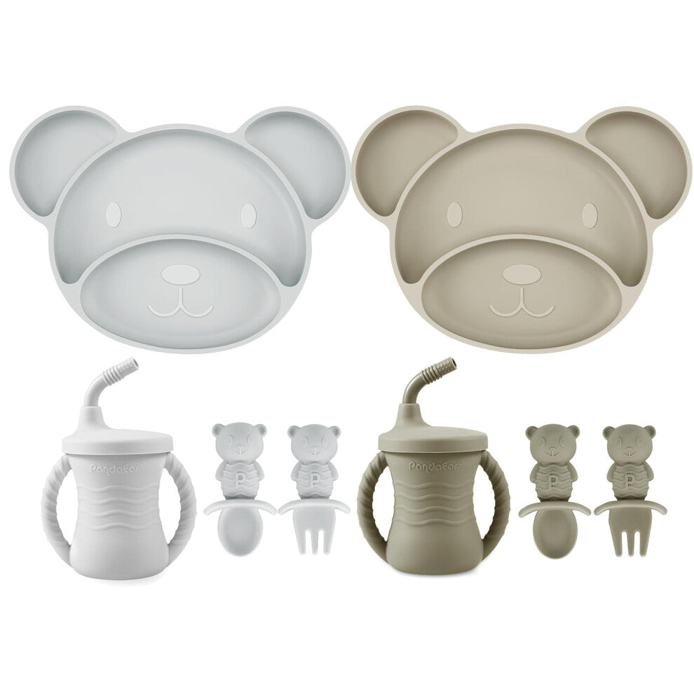 PandaEar 8 Pcs Baby Weaning Set, Silicone Baby Feeding Set, 2 Divided Suction Plates for Babies Weaning, 2 Sippy Cup for Toddlers, 4 Baby Wening