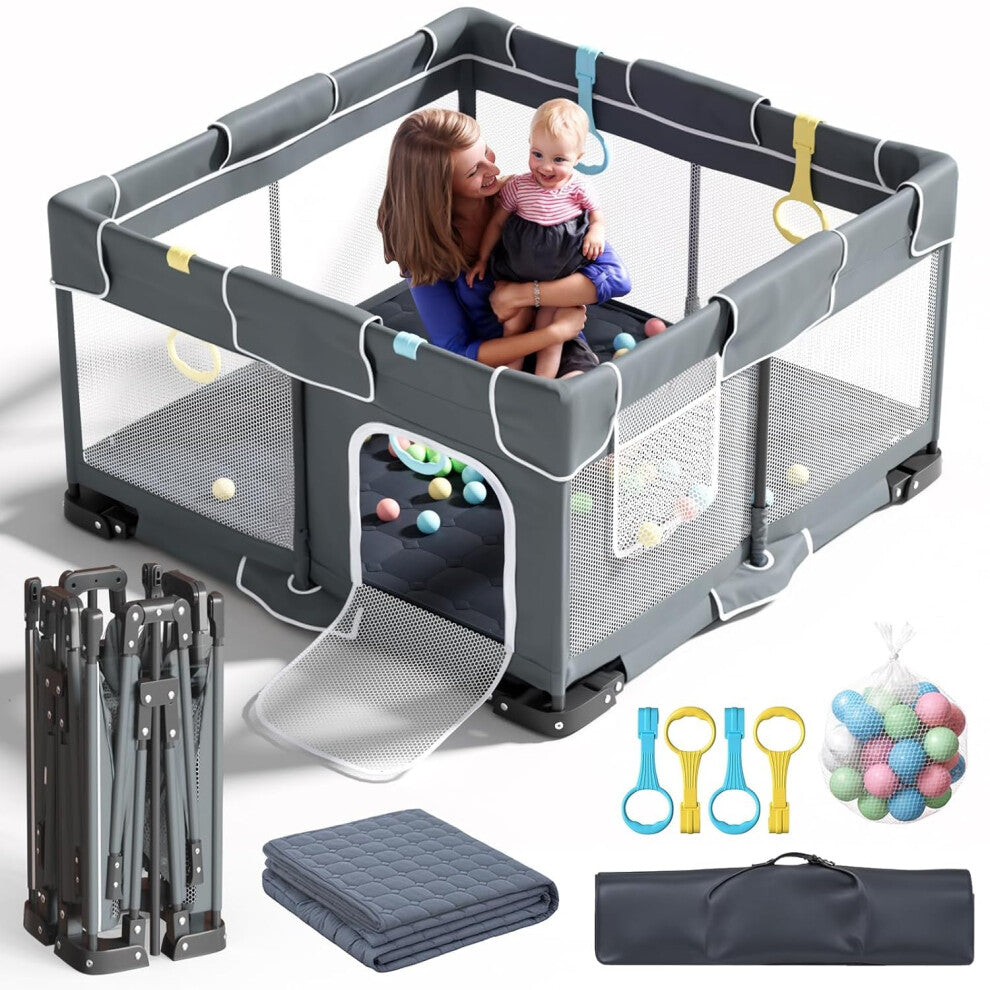 Foldable Baby Playpen 127x127cm Foldable Playpen for Babies and Toddlers, Folding Baby Activity Center, Portable Play Yard with 4 Handlers and 30pcs