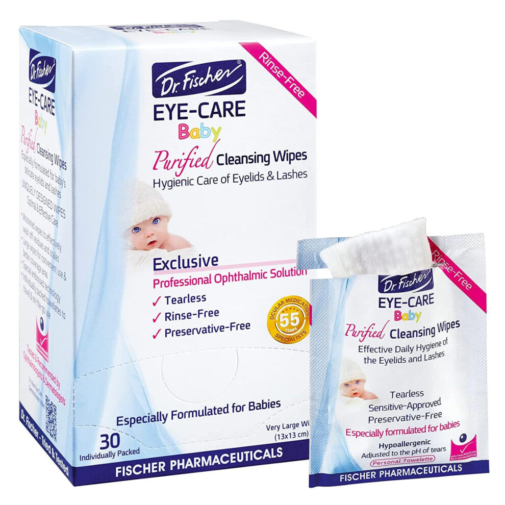 Purified, Non-irritating, Tear-Free, Hypoallergenic & Sensitive Approved Baby Eyelid Wipes by Dr. Fischer - Pre-moistened, Rinse Free and