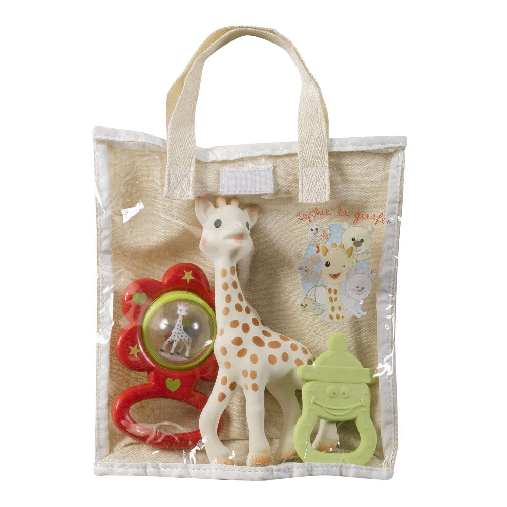 Sophie la Girafe Newborn Essentials Baby Gift Bag Containing 3 Baby Toys, Sophie the Giraffe Teething Toy, Teething Ring and Baby Rattle Toy, Suitable