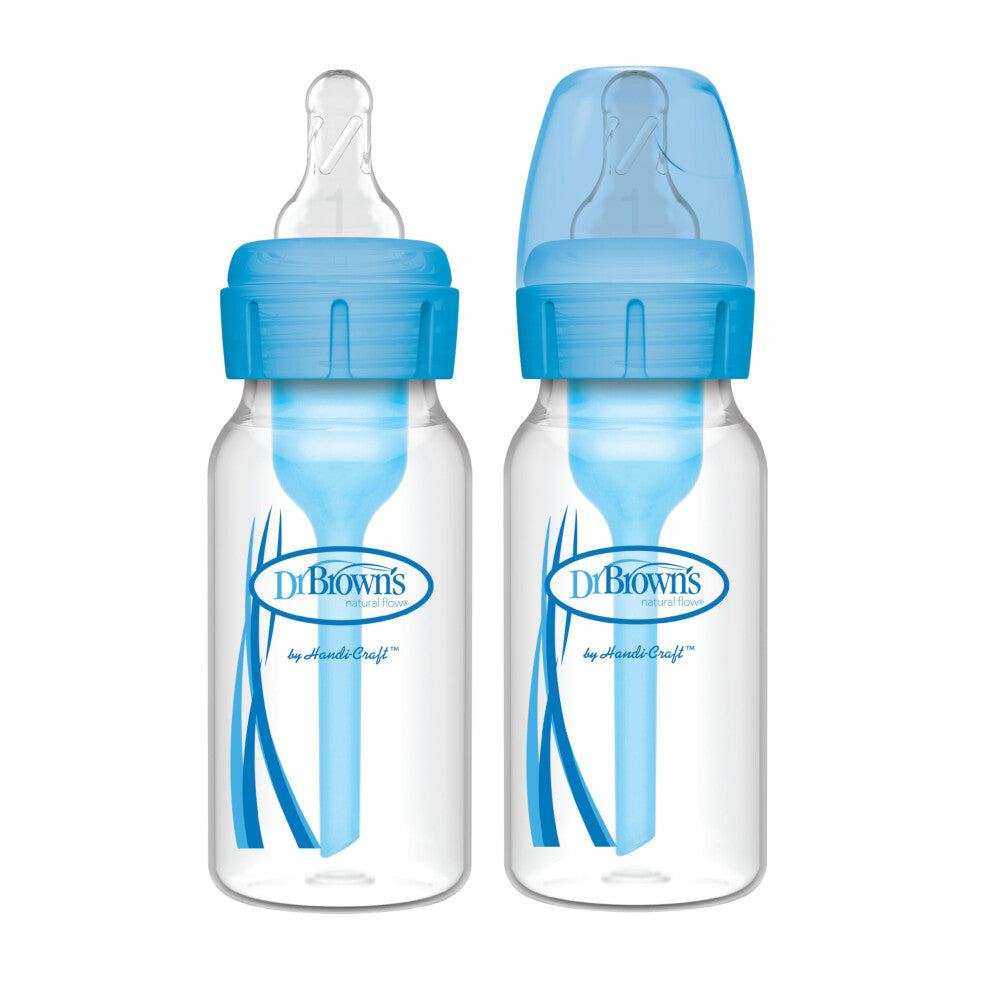 Dr. Brown's Anti-Colic Options+ Narrow Baby Bottle, 4oz-120 ml, with Level 1 Slow Flow Teat, Pack of 2, Blue