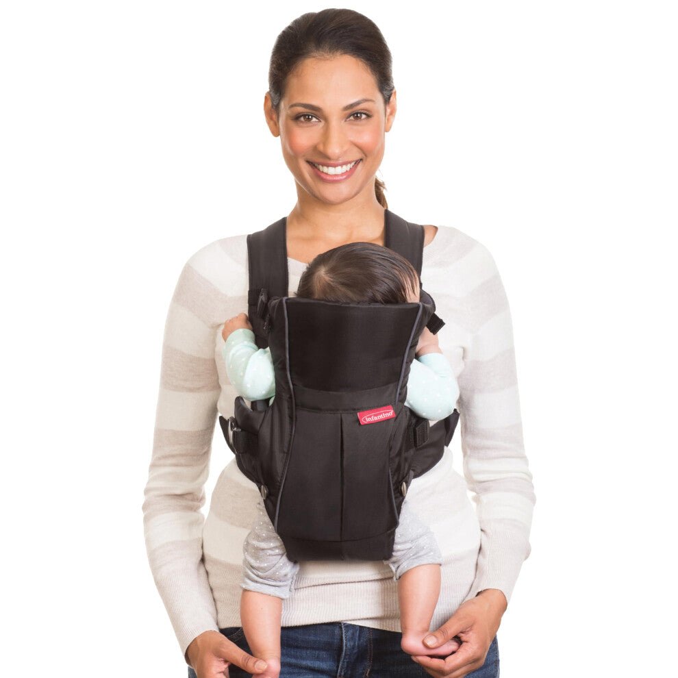 Infantino Swift Classic Carrier with Pocket - 2 Ways to Carry Black Carrier with Wonder Bib & Essentials Storage Front Pocket, Adjustable Back Strap,