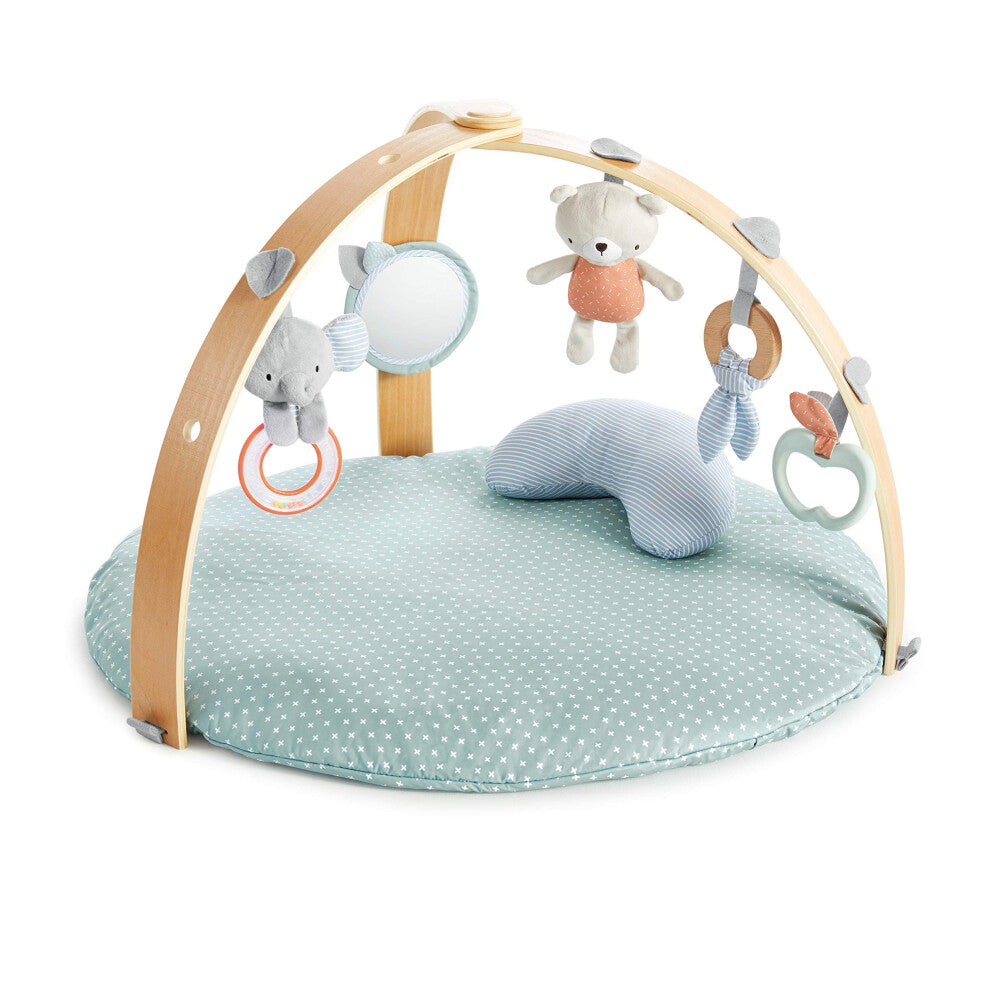 Ingenuity, Cosy Spot Reversible Duvet Activity Gym and Padded Play Mat with Wooden Removable Toy Bar, 6 Detachable Toys, Foldable for Easy Transport,