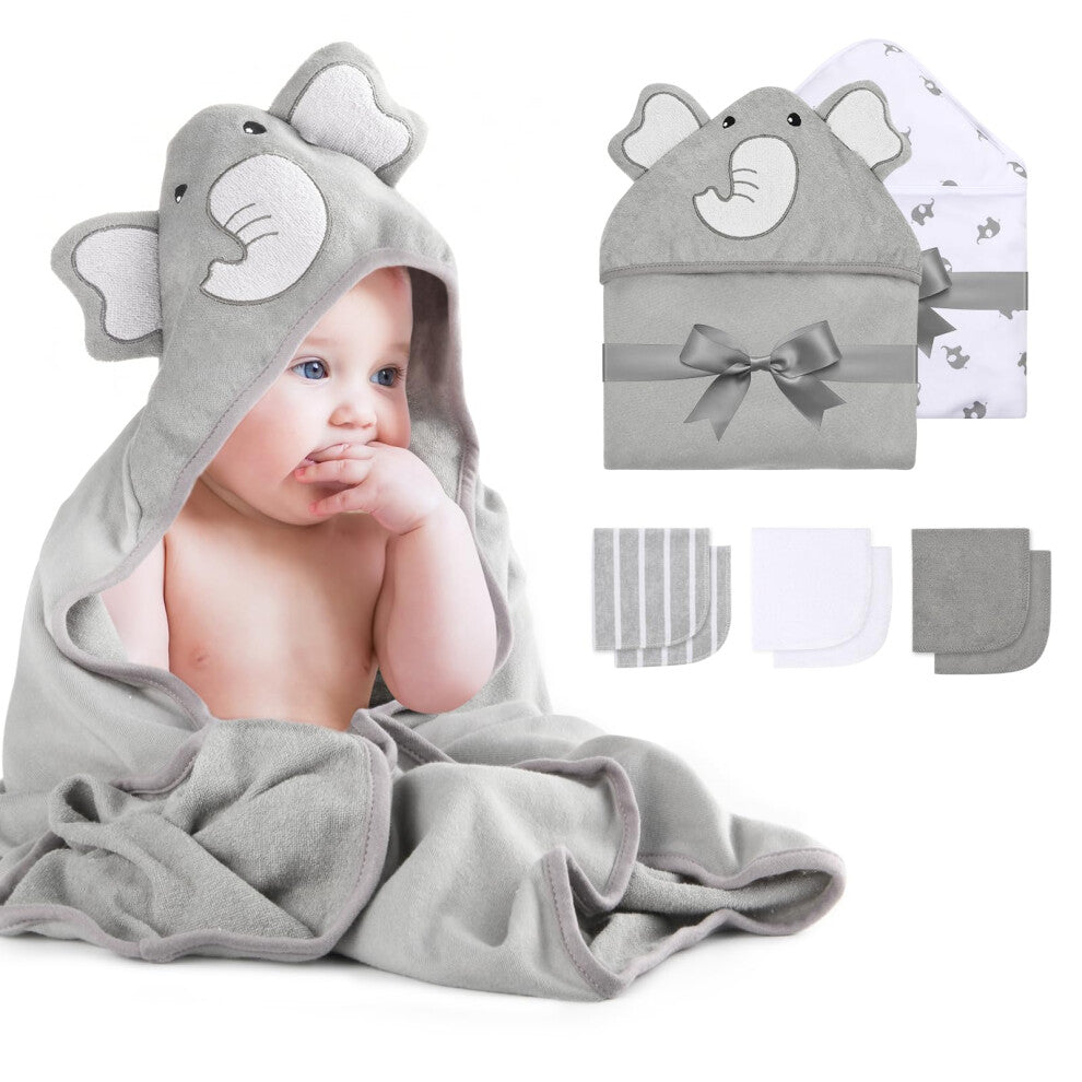 momcozy Hooded Baby Towel Set, 8-Piece Baby Bath Towel Set, 2Pcs Baby Towel and 6Pcs Baby Wash Cloth, Soft and Super Absorbent Baby Washcloths for