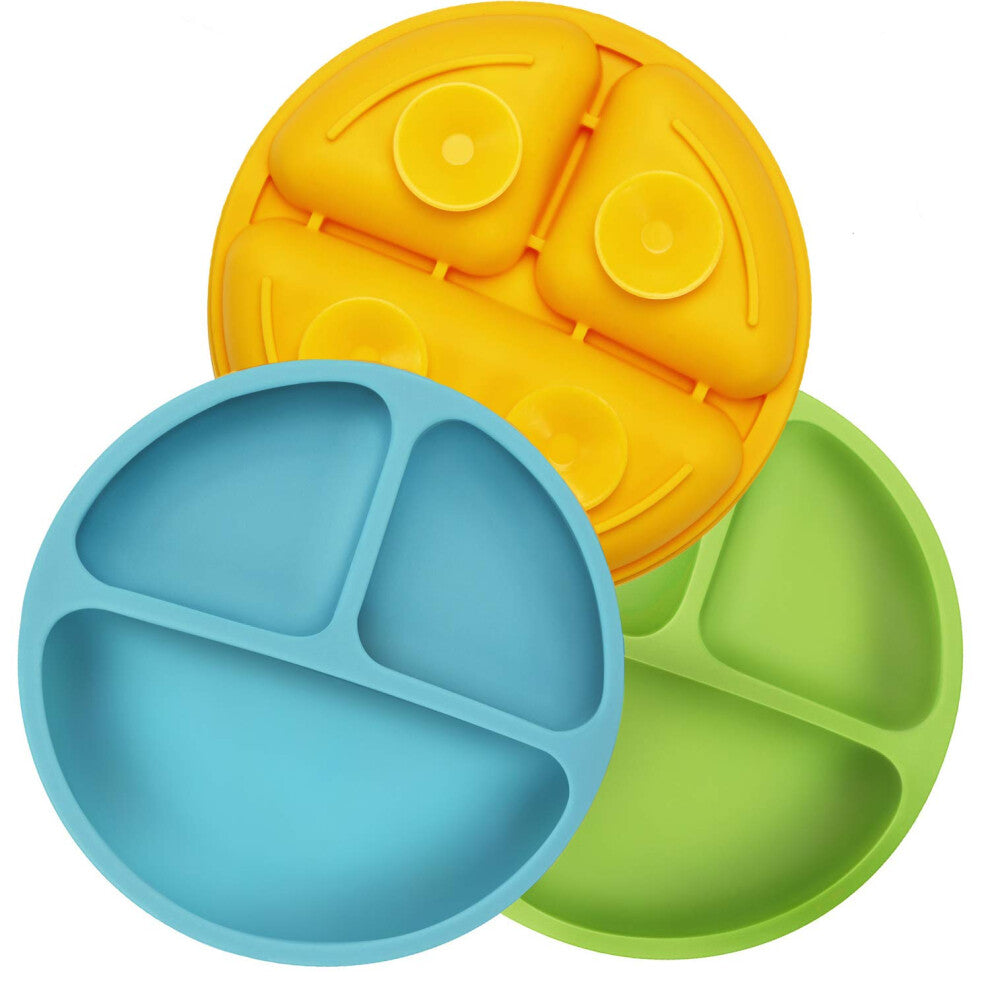 PandaEar Baby Suction Plates Divided Unbreakable Silicone Baby Weaning Plates for Toddler Kids Children - 3 Pack - Non-Slip - Dishwasher and Microwave