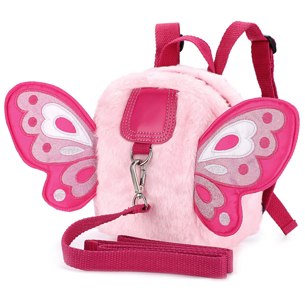 BTSKY Fluff Butterfly Baby Toddler Backpack Bag with Safety Rein - Kids Walking Harness Anti-Lost Harness Leash Strap Belt, Pink