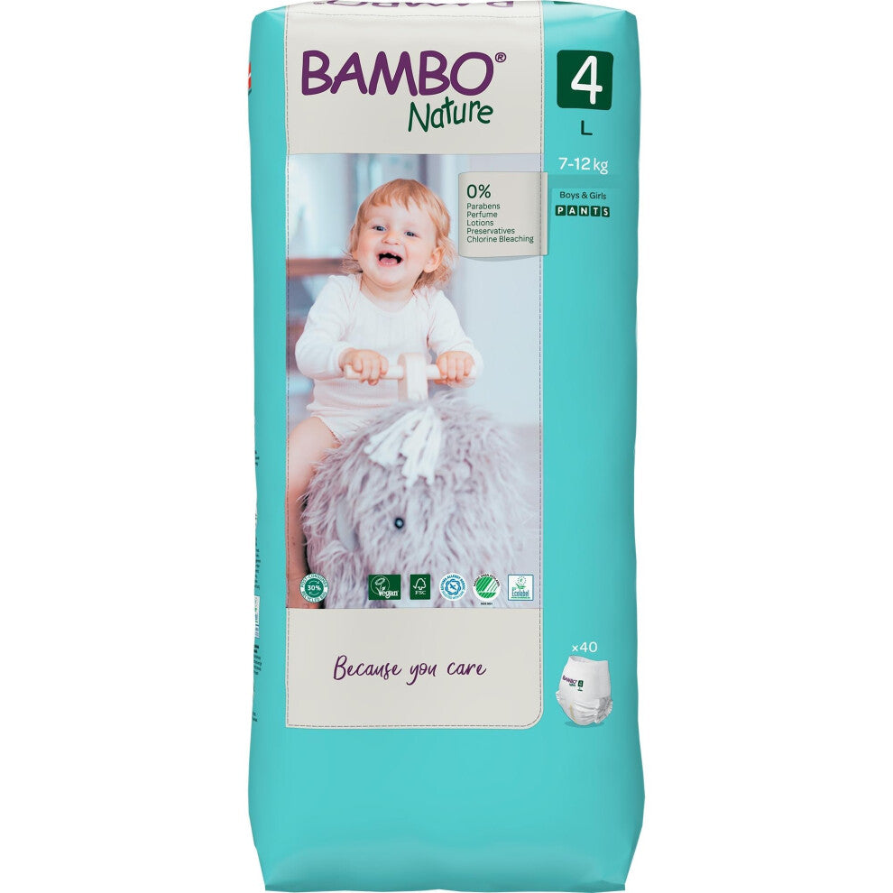 Bambo Nature Premium Eco Nappy Pull-Up Pants, Maxi Size 4 (15-26lbs-7-12kg) Tall Pack of 40