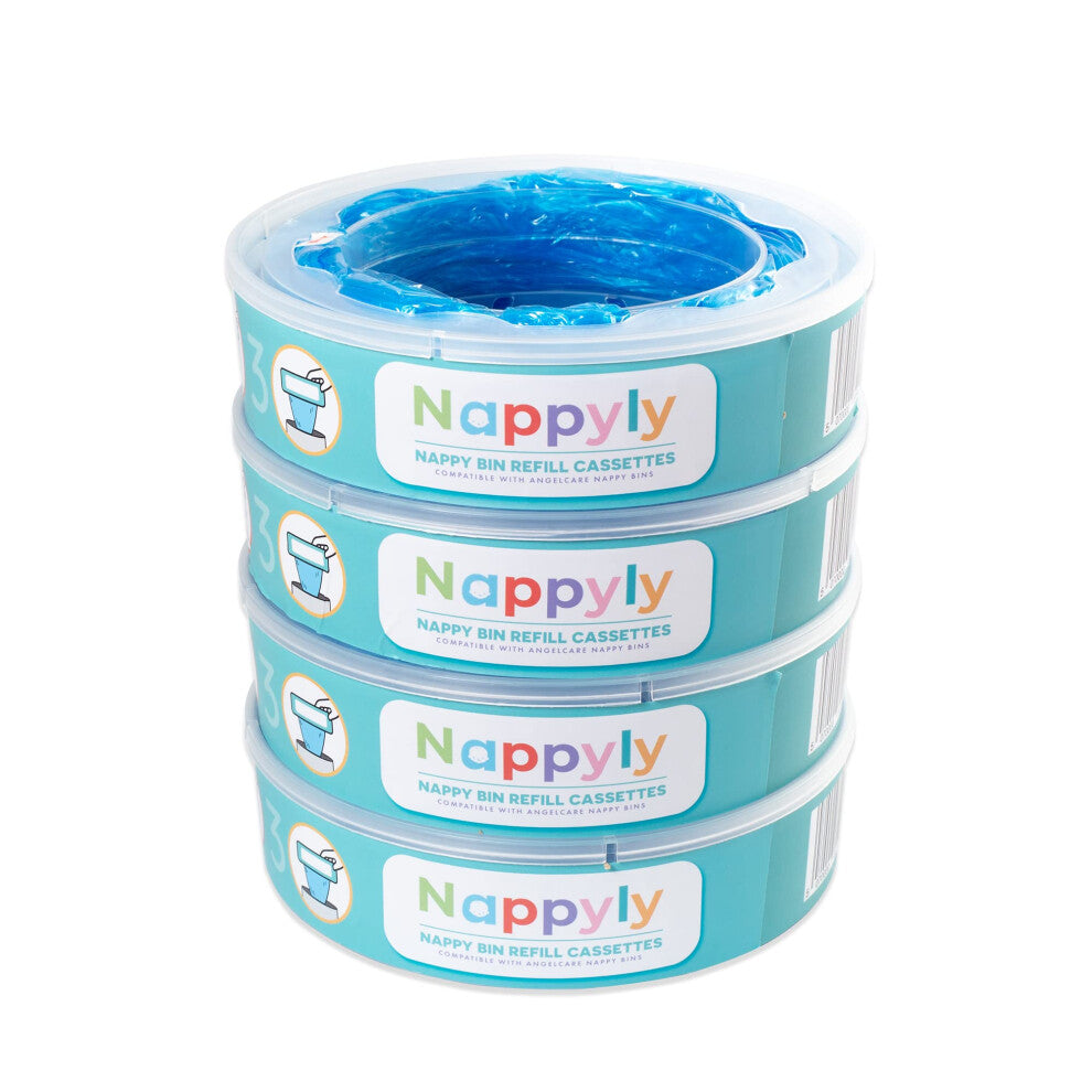 NAPPYLY nappy bin refill cassettes - Compatible with AngelCare and Litter Locker diaper disposal systems - Pack of 4 refills - 7 layer bags add extra