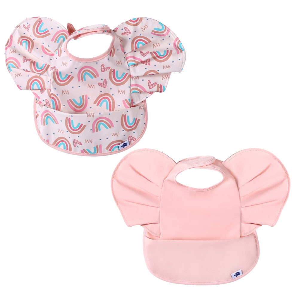 SYVOFOX 2 Pack Baby Weaning Bibs, Soft Waterproof Baby Feeding Bib with Food Catcher Pocket, Wipe Clean Toddler Apron Smock for Girls 6-24 Months