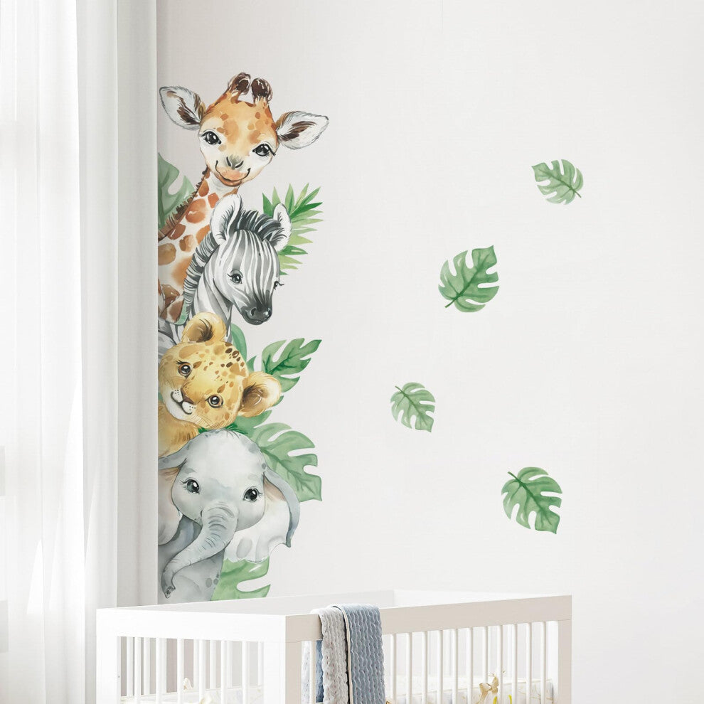 Tanlaby Jungle Animal Wall Stickers Cartoon Animal Wall Decals Giraffe Zebra Elephant Green Leaves Wall Art Sticker for Kids Baby Nursery Bedroom