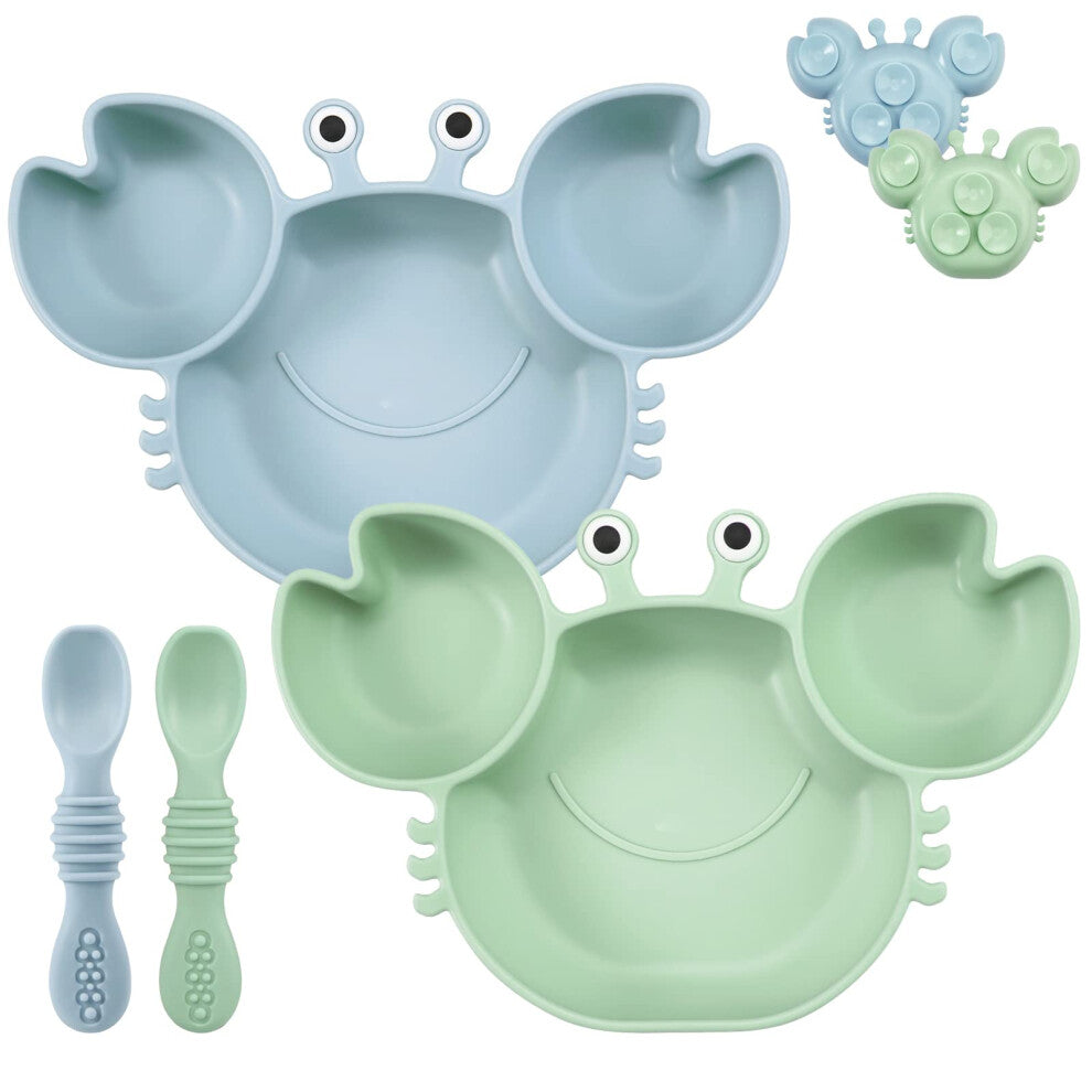 PandaEar 2-Pack Silicone Baby Plate with Suction and 2 Baby Spoons - Divided Toddler Plate - Suction Plates for Baby Weaning - Unbreakable Dinner
