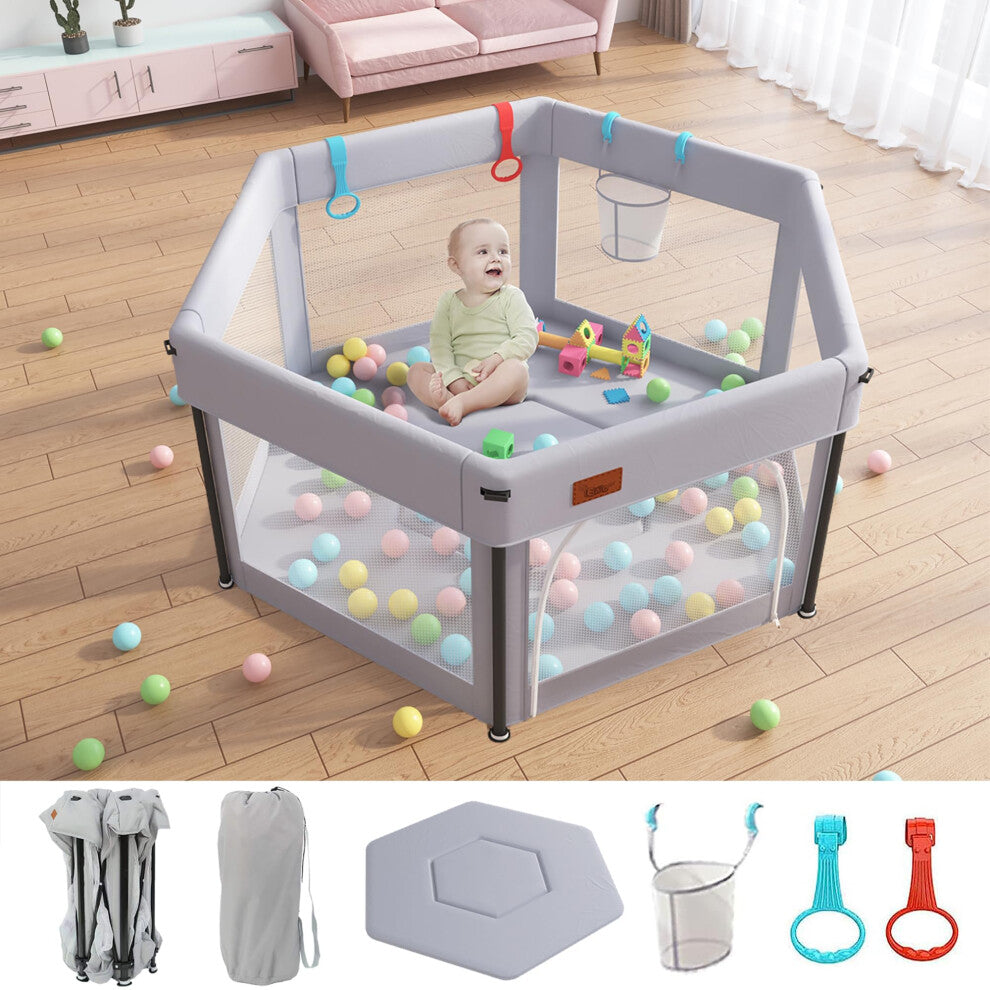 EAQ Baby & Toddler Playpen, Foldable Playard with Breathable Mesh Walls, Grey, Baby Playpen with Travel Bag