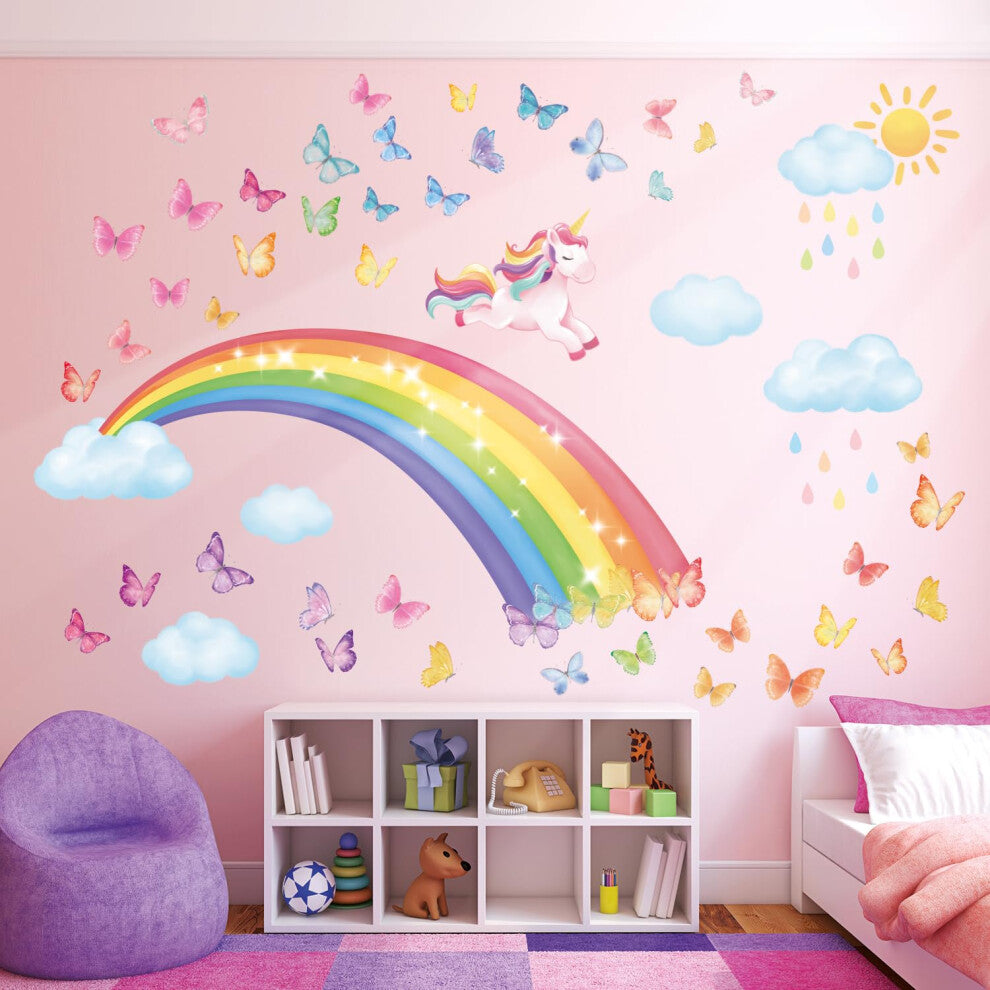 DECOWALL SG2-2309 Rainbow Wall Decals Unicorn Rainbow Butterflies Clouds Wall Stickers Baby Nursery Girls Bedroom Living Room Wall D?cor