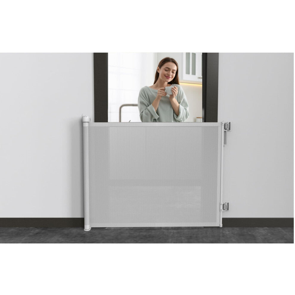 NORRSKOG Non Drill Retractable stair gate,NO DRILL Sticky Pads included.Extendable Baby Gate to 150cm screen for Babies and Pets-Stairs,