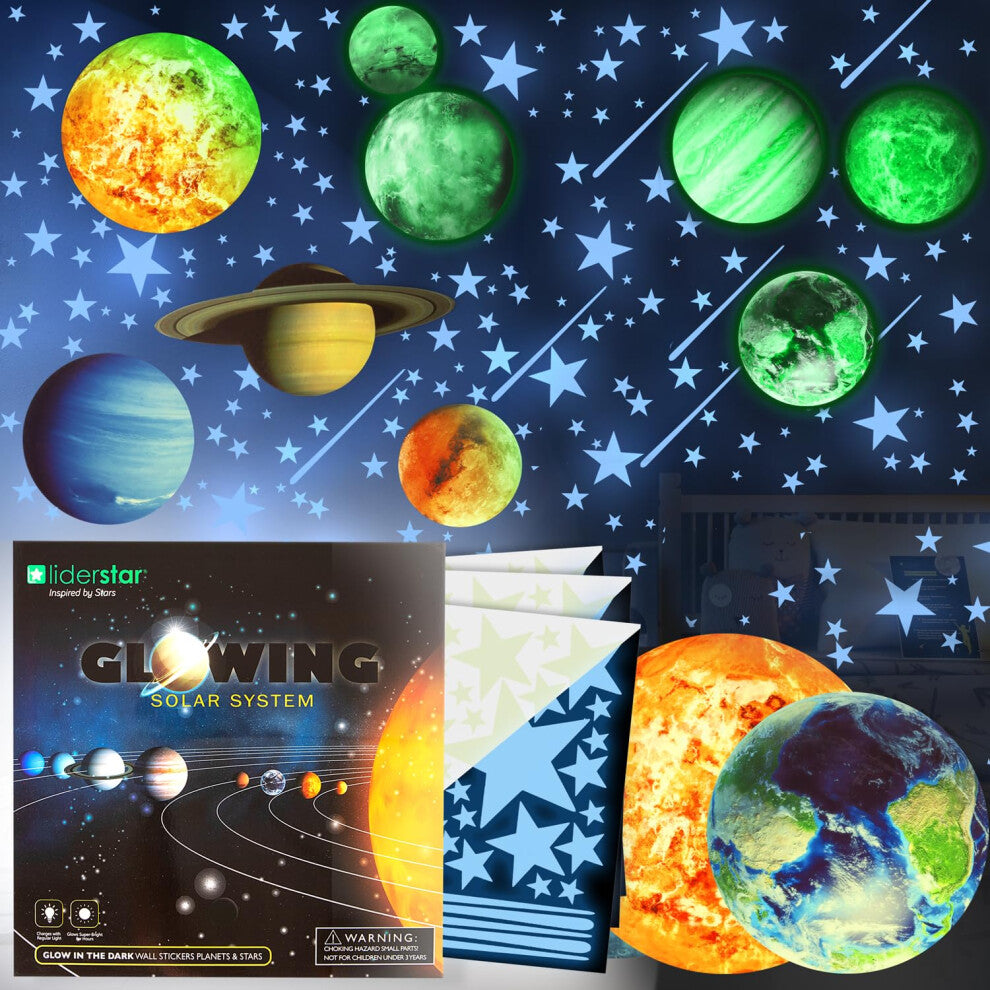 Glow in The Dark Stars and Planets, Bright Solar System Wall Stickers -Glowing Ceiling Decals for Kids Bedroom Any Room,Shining Space Decoration,
