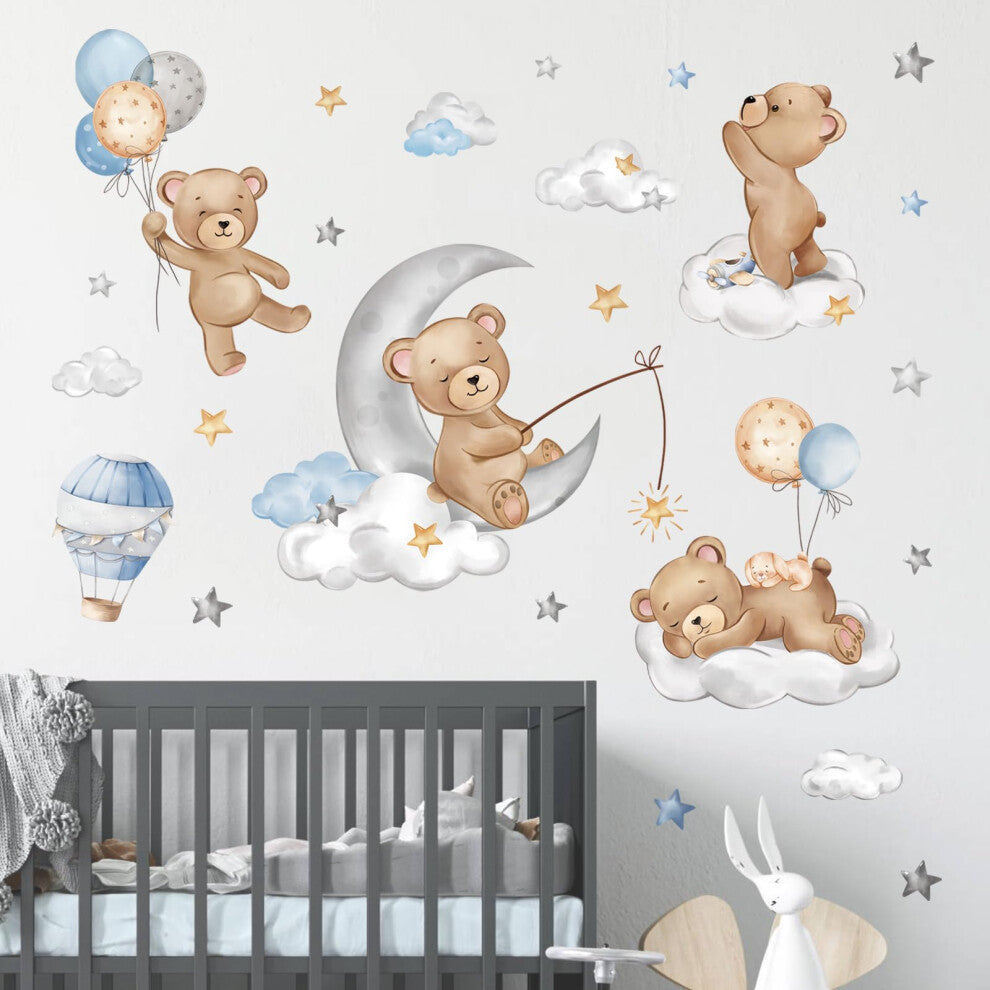 decalmile Bear Sleeping on The Moon Wall Decals Hot Air Balloon Animals Clouds Wall Stickers Baby Nursery Kids Bedroom Playroom Wall D?cor