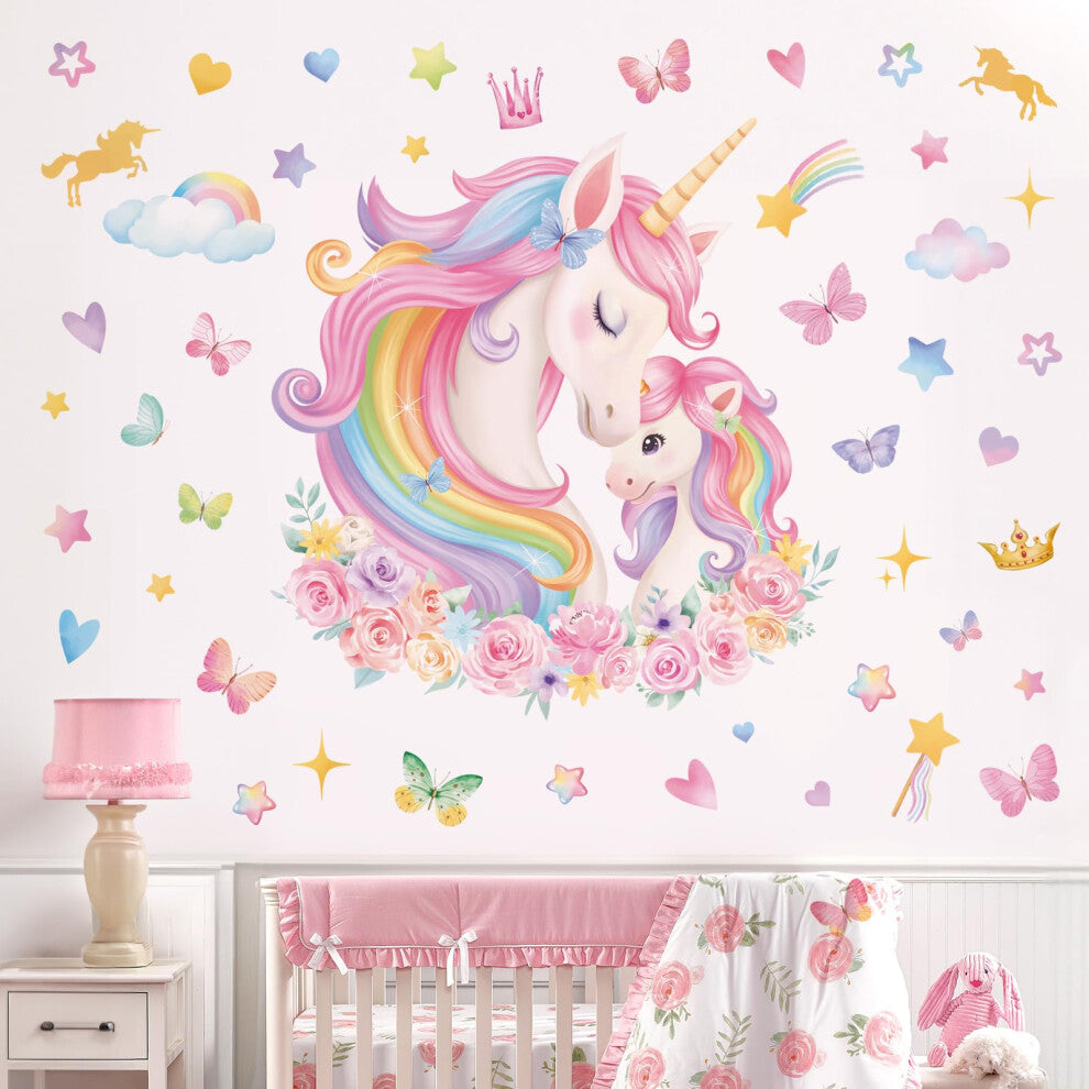 wondever Large Unicorn Wall Stickers Rainbow Baby Unicorn Butterfly Stars Peel and Stick Wall Art Decals for Baby Girls Nursery Kids Bedroom