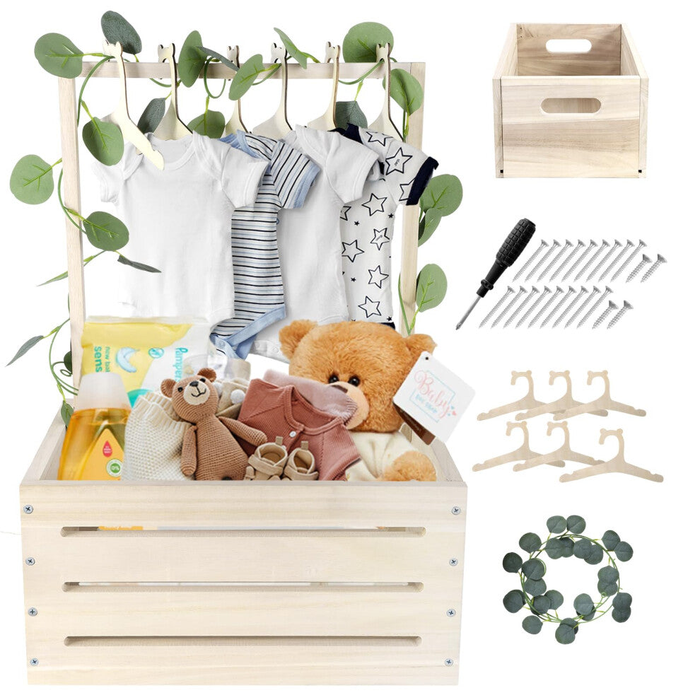 Umtiti Wooden Baby Gift Basket with Handle?Kids Clothes Hanger and Garland?Baby Shower Crate Wardrobe for Pregnant New Parents.Gift Basket-Wood-UK