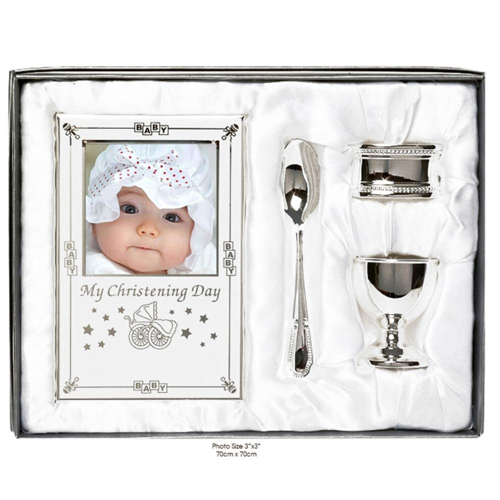 Beautiful Boxed Silver Plated Christening Day Gift Set - 4-Piece, Includes Egg Cup, Spoon, Baby Photo frame, Napkin Ring in Presentation Gift Box.