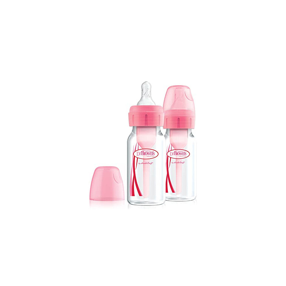 Dr Brown's Natural Flow Anti-Colic Options+ Narrow Baby Bottle, 4oz-120 ml, with Level 1 Slow Flow Teat, Pack of 2, Pink