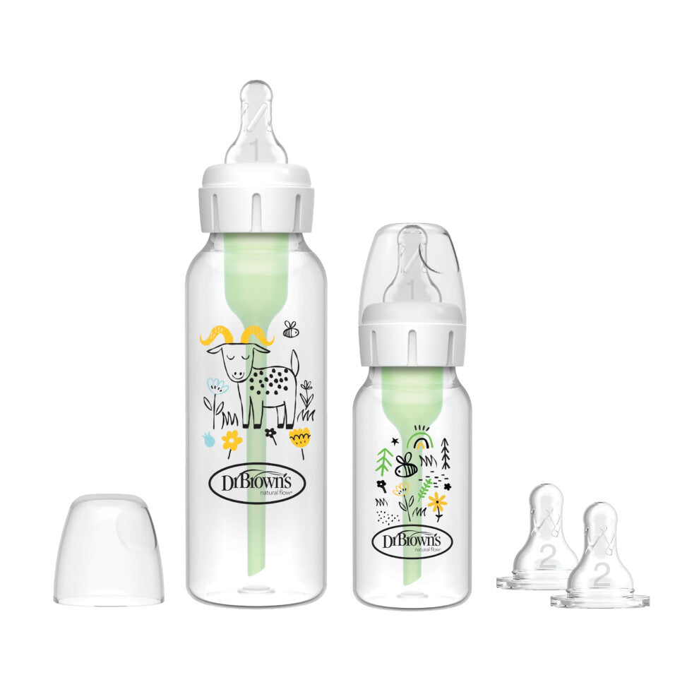 Dr Brown's Natural Flow Anti-Colic Options+ Narrow Baby Bottle, Sampler Kit, 1x 4oz-120ml Bottle & 1x 8oz-250ml Bottles with Level 1 Slow Flow Teat,