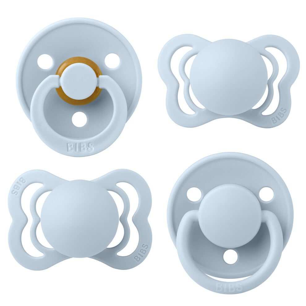 BIBS Try-it Soother 4-Pack. BPA Free, Round, Symmetrical and Anatomical Nipple. Natural Rubber-Silicone, Size 1 (0-6 Months), Baby Blue