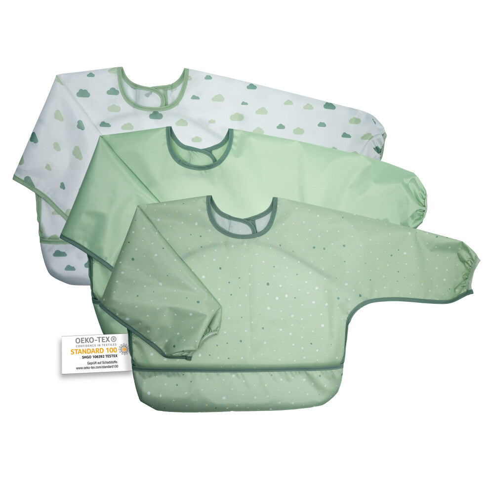MiaMia 3 Pack Long Sleeve Bibs - Waterproof Weaning Bibs with Food Catch - Oeko Tex Standard 100 - Green