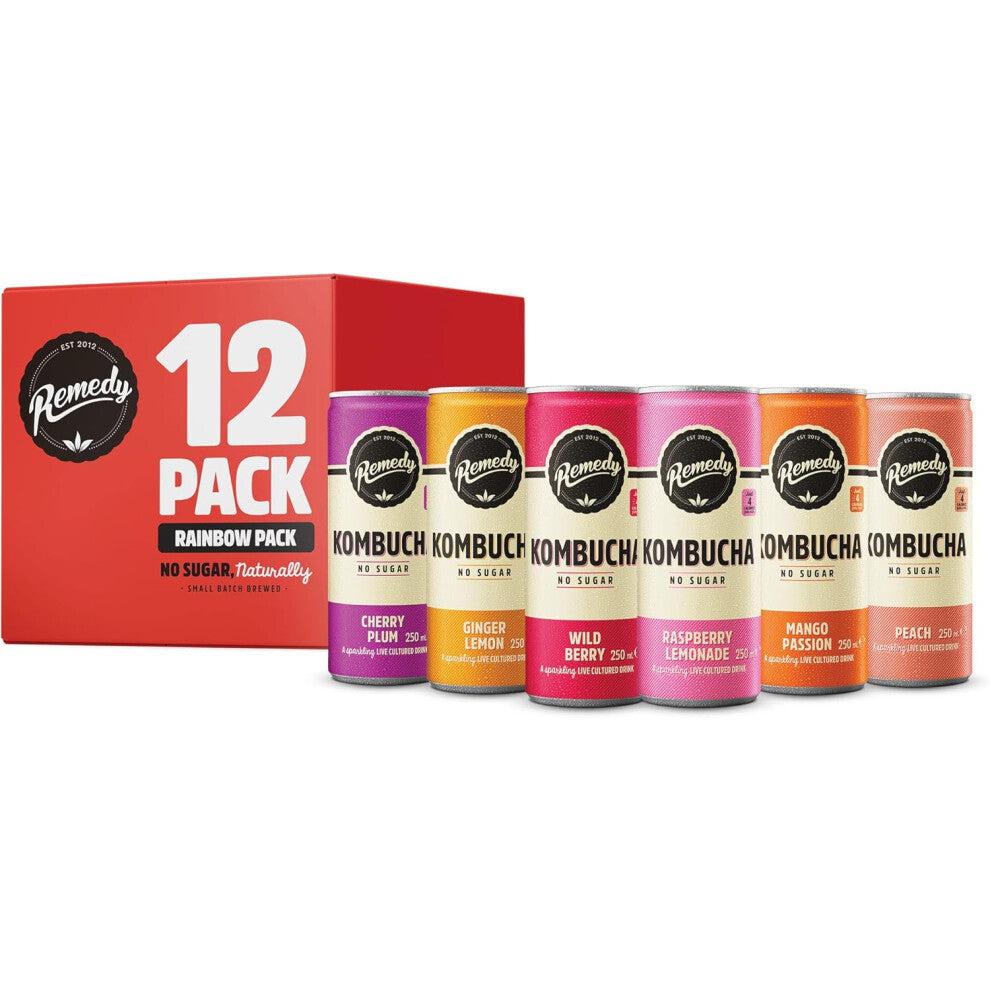 Remedy Kombucha Tea - Rainbow Mixed Pack - Sparkling Live Cultured, Naturally Sugar Free Soft Drink - Probiotic for Gut Health - 12 x 250ml