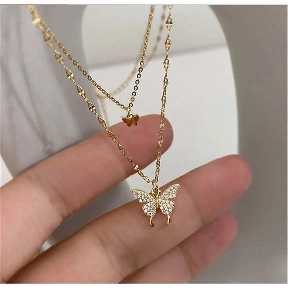(N01 Gold) 2023 Simple Double Layer Star Moon Charm  Multilayered Necklace Delicate Clavicle Chain Zircon For Women Fashion Jewelry A0459