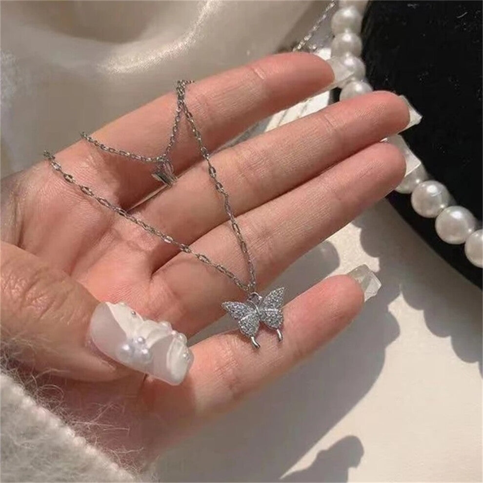 (N01 Silver) 2023 Simple Double Layer Star Moon Charm  Multilayered Necklace Delicate Clavicle Chain Zircon For Women Fashion Jewelry A0459