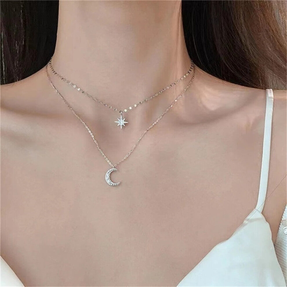 (N02 Silver) 2023 Simple Double Layer Star Moon Charm  Multilayered Necklace Delicate Clavicle Chain Zircon For Women Fashion Jewelry A0459