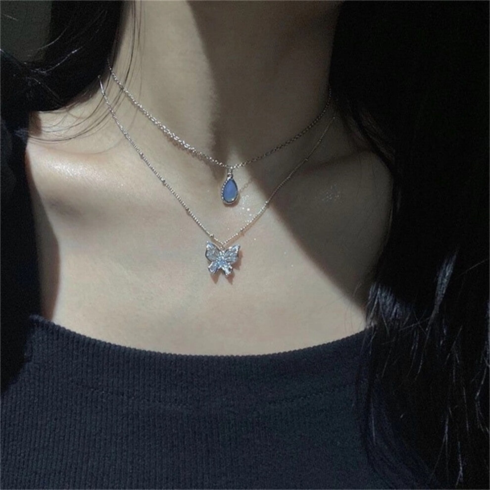 (N03 Silver) 2023 Simple Double Layer Star Moon Charm  Multilayered Necklace Delicate Clavicle Chain Zircon For Women Fashion Jewelry A0459