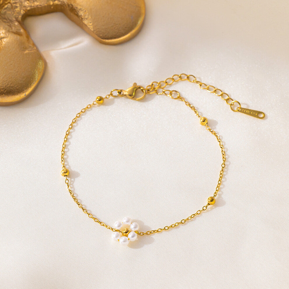 (?E137?1 pearl flower bracelet in gold) Handcrafted beaded chains, flower pearl necklaces, collarbone chains, necklaces and accessories
