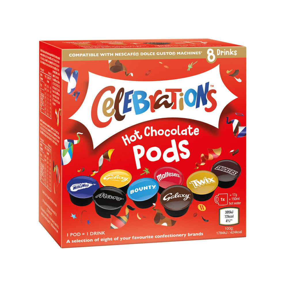 Celebrations Hot Chocolate Pods perfect treat for cold winter nights.8pk