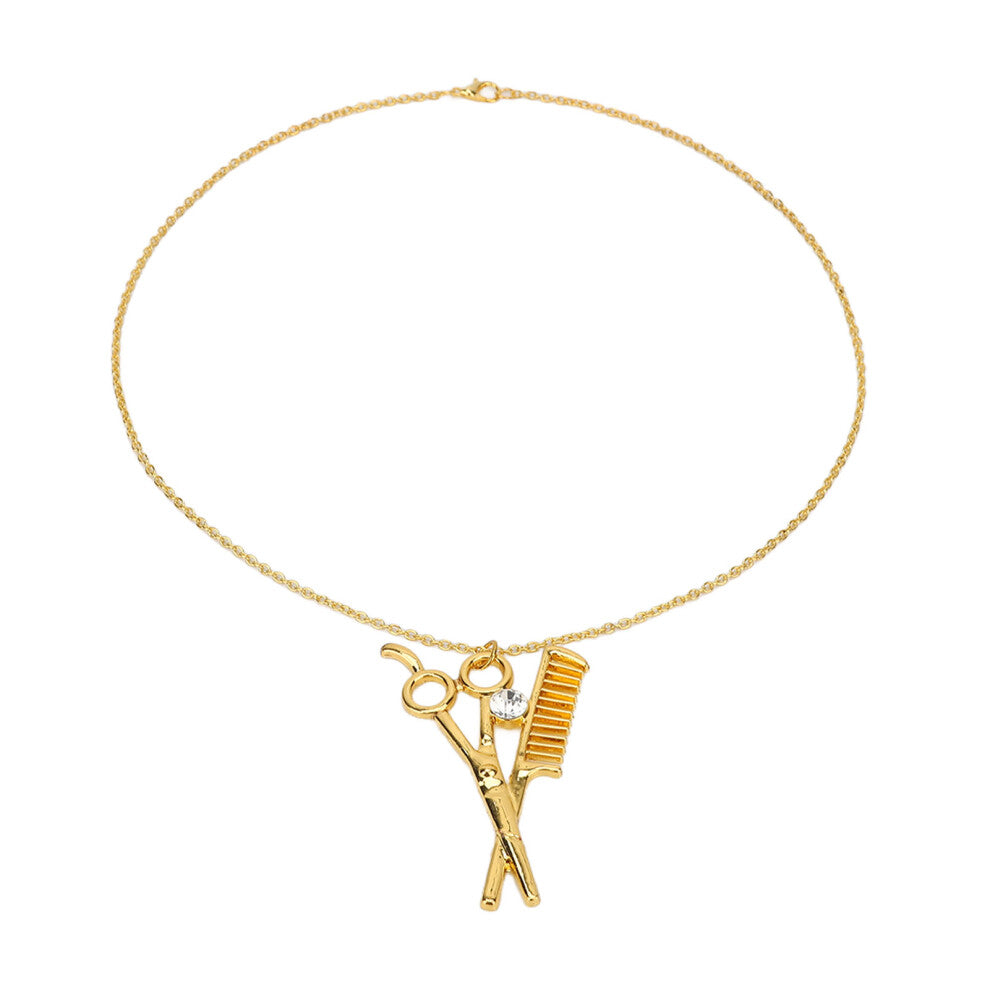 Alloy Hair Stylist Pendant Necklace, Scissors & Comb Ornament, Gold
