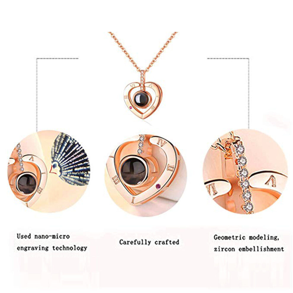 100 Languages I Love You Projection Pendant Necklace Silver & Rose Gold