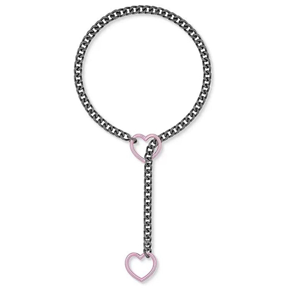 (Pink Heart) Htpwe Women'S Heart Shaped O Ring Slip Chain Necklace Stainless Steel Punk Rock Cuban Jewelry, Adjustable Lariat Chain Jewelry