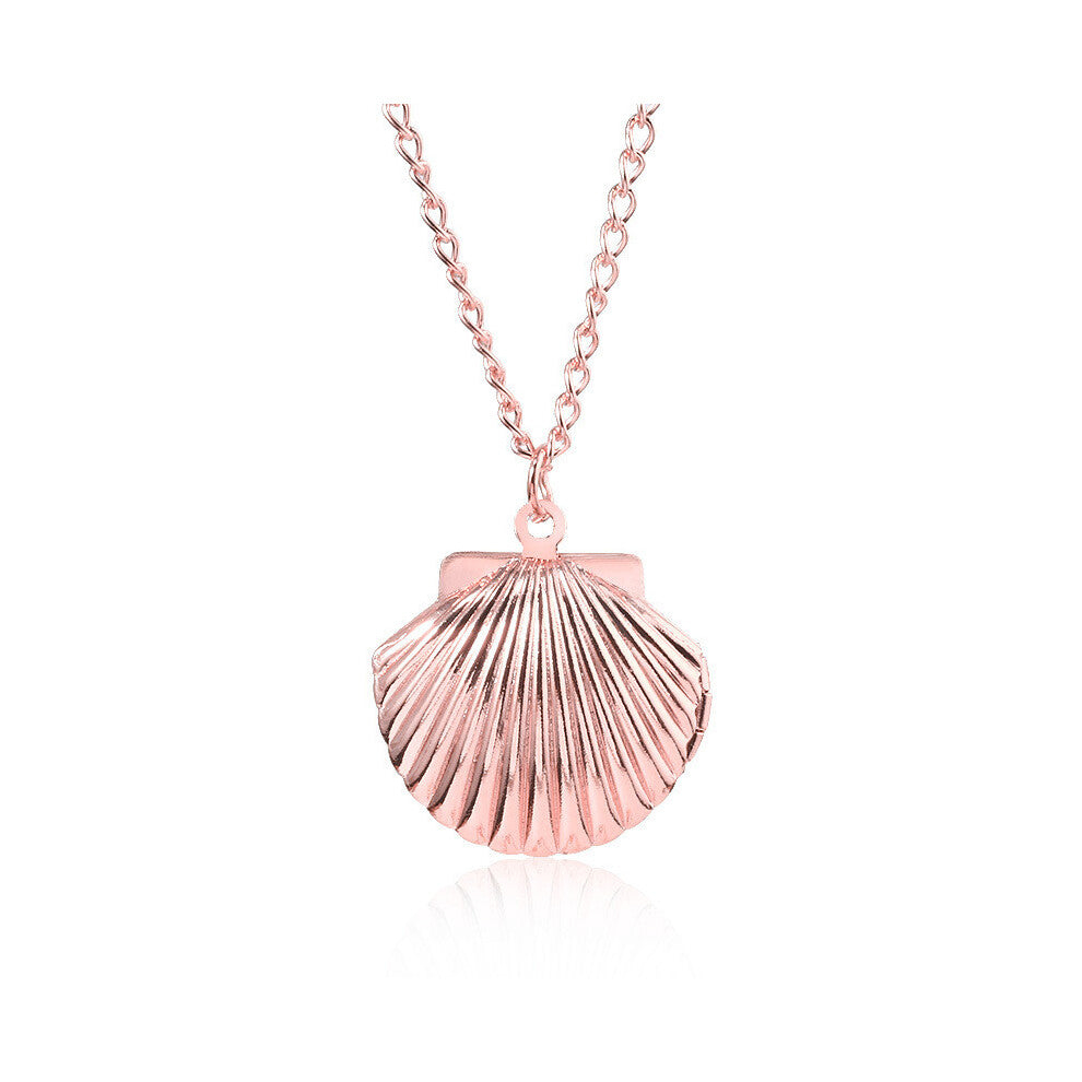 (Pink) Minimalist Mini Openable Shell Photo Frame Metal Necklace For Girls Women And