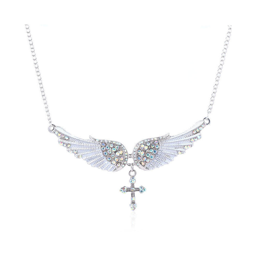 (White) Decorated Diamond Simulated Angel Wing Cross Pendant For Necklace Ladies