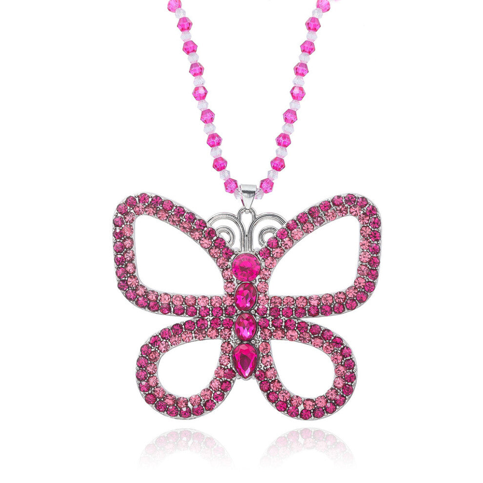 (Pink) Imitation Sweet Diamond Decorated Butterfly Shaped Necklace Hollow Design